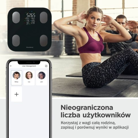 WAGA ŁAZIENKOWA Z POMIAREM TKANKI TŁUSZCZOWEJ I SKŁADU CIAŁA, SMART, BT, KLAUSBERG KB-7854 CZARNA WAGA ŁAZIENKOWA Z POMIAREM TKANKI TŁUSZCZOWEJ I SKŁADU CIAŁA, SMART, BT, KLAUSBERG KB-7854 CZARNA