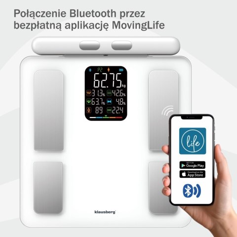 WAGA ŁAZIENKOWA Z POMIAREM TKANKI TŁUSZCZOWEJ I SKŁADU CIAŁA, SMART, BT, KLAUSBERG KB-7857 BIAŁA WAGA ŁAZIENKOWA Z POMIAREM TKANKI TŁUSZCZOWEJ I SKŁADU CIAŁA, SMART, BT, KLAUSBERG KB-7857 BIAŁA