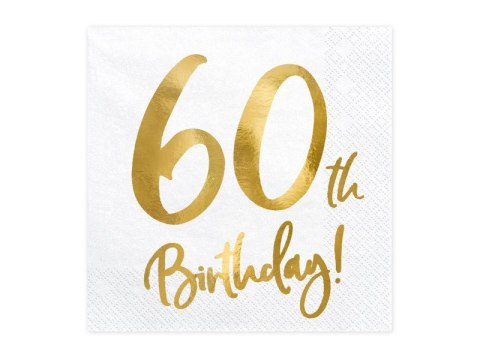 Serwetki '60th Birthday' na 60 urodziny, białe, 33x33cm (1 op. / 20 szt.) Partydeco Serwetki '60th Birthday' na 60 urodziny, białe, 33x33cm (1 op. / 20 szt.) Partydeco