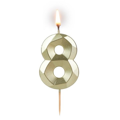 Świeca cyferka "8" 5,8cm "DIAMENT" ZŁOTA na patyku ( długość patyka 4,2cm / 2cm ) 24szt. 64-08 Świeca cyferka "8" 5,8cm "DIAMENT" ZŁOTA na patyku ( długość patyka 4,2cm / 2cm ) 24szt. 64-08