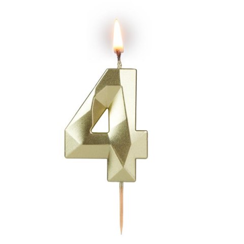 Świeczka cyferka "4" 5,8cm "DIAMENT" ZŁOTA na patyku ( długość patyka 4,2cm / 2cm ) 24szt. 64-04 Świeczka cyferka "4" 5,8cm "DIAMENT" ZŁOTA na patyku ( długość patyka 4,2cm / 2cm ) 24szt. 64-04