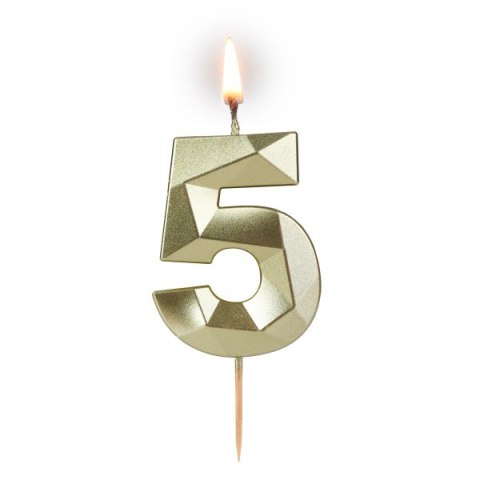 Świeczka cyferka "5" 5,8cm "DIAMENT" ZŁOTA na patyku ( długość patyka 4,2cm / 2cm ) 24szt . 64-05 Świeczka cyferka "5" 5,8cm "DIAMENT" ZŁOTA na patyku ( długość patyka 4,2cm / 2cm ) 24szt . 64-05