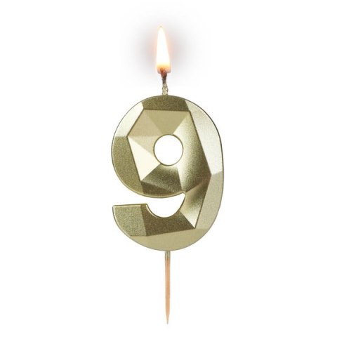 Świeczka cyferka "9" 5,8cm "DIAMENT" ZŁOTA na patyku ( długość patyka 4,2cm / 2cm ) 24szt. 64-09 Świeczka cyferka "9" 5,8cm "DIAMENT" ZŁOTA na patyku ( długość patyka 4,2cm / 2cm ) 24szt. 64-09