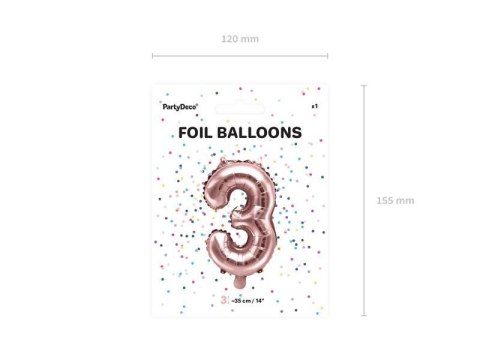 Balon foliowy Cyfra '3', 35cm, różowe złoto Partydeco Balon foliowy Cyfra '3', 35cm, różowe złoto Partydeco