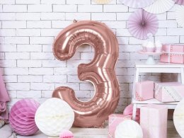 Balon foliowy Cyfra '3', 86cm, różowe złoto Partydeco