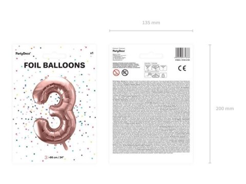 Balon foliowy Cyfra '3', 86cm, różowe złoto Partydeco Balon foliowy Cyfra '3', 86cm, różowe złoto Partydeco