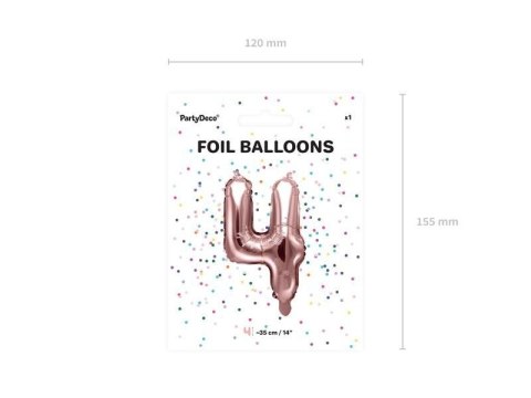 Balon foliowy Cyfra '4', 35cm, różowe złoto Partydeco Balon foliowy Cyfra '4', 35cm, różowe złoto Partydeco