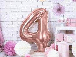 Balon foliowy Cyfra '4', 86cm, różowe złoto Partydeco