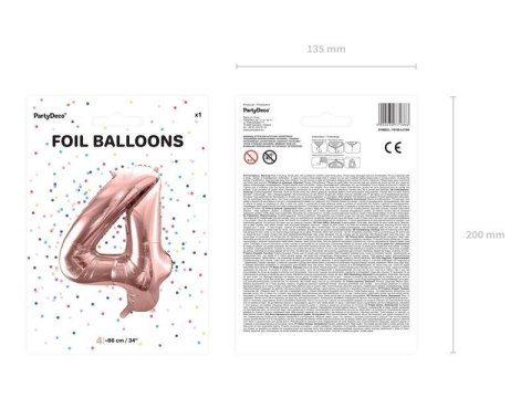 Balon foliowy Cyfra '4', 86cm, różowe złoto Partydeco Balon foliowy Cyfra '4', 86cm, różowe złoto Partydeco