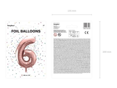 Balon foliowy Cyfra '6', 86cm, różowe złoto Partydeco Balon foliowy Cyfra '6', 86cm, różowe złoto Partydeco