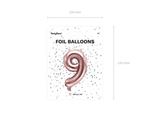 Balon foliowy Cyfra '9', 35cm, różowe złoto Partydeco Balon foliowy Cyfra '9', 35cm, różowe złoto Partydeco
