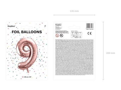 Balon foliowy Cyfra '9', 86cm, różowe złoto Partydeco Balon foliowy Cyfra '9', 86cm, różowe złoto Partydeco