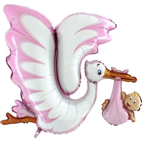 Balon Foliowy - Różowy Bocian na Baby Shower 135 cm Grabo