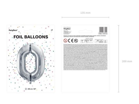 Balon foliowy Cyfra 0 srebrna, 86cm Partydeco Balon foliowy Cyfra 0 srebrna, 86cm Partydeco