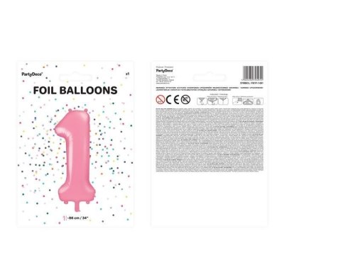 Balon foliowy Cyfra 1, 86cm, różowy Partydeco Balon foliowy Cyfra 1, 86cm, różowy Partydeco
