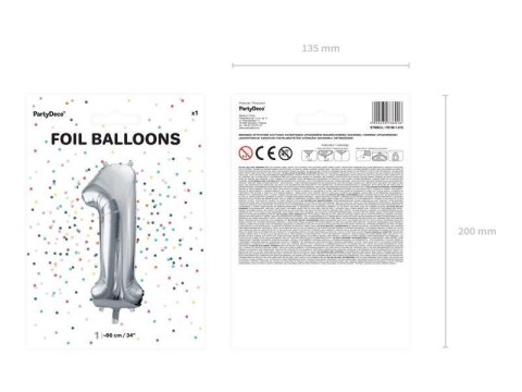 Balon foliowy Cyfra 1 srebrna, 86cm Partydeco Balon foliowy Cyfra 1 srebrna, 86cm Partydeco