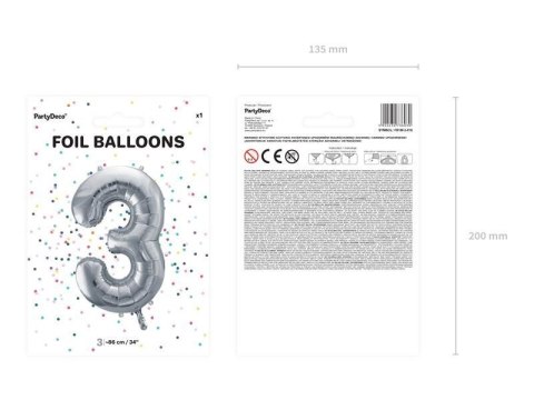 Balon foliowy Cyfra 3 srebrna, 86cm Partydeco Balon foliowy Cyfra 3 srebrna, 86cm Partydeco