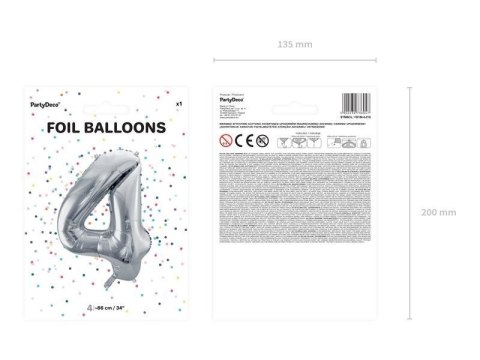 Balon foliowy Cyfra 4 srebrna, 86cm Partydeco Balon foliowy Cyfra 4 srebrna, 86cm Partydeco