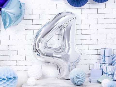 Balon foliowy Cyfra 4 srebrna, 86cm Partydeco Balon foliowy Cyfra 4 srebrna, 86cm Partydeco