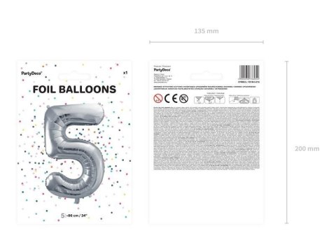 Balon foliowy Cyfra 5 srebrna, 86cm Partydeco Balon foliowy Cyfra 5 srebrna, 86cm Partydeco