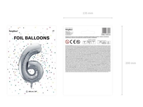 Balon foliowy Cyfra 6 srebrna, 86cm Partydeco Balon foliowy Cyfra 6 srebrna, 86cm Partydeco
