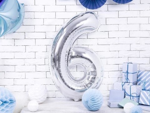 Balon foliowy Cyfra 6 srebrna, 86cm Partydeco Balon foliowy Cyfra 6 srebrna, 86cm Partydeco
