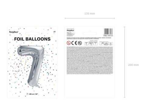 Balon foliowy Cyfra 7 srebrna, 86cm Partydeco Balon foliowy Cyfra 7 srebrna, 86cm Partydeco