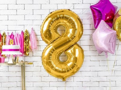 Balon foliowy Cyfra 8, 86cm, złoty Partydeco Balon foliowy Cyfra 8, 86cm, złoty Partydeco