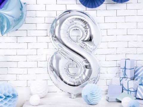 Balon foliowy Cyfra 8 srebrna, 86cm Partydeco Balon foliowy Cyfra 8 srebrna, 86cm Partydeco