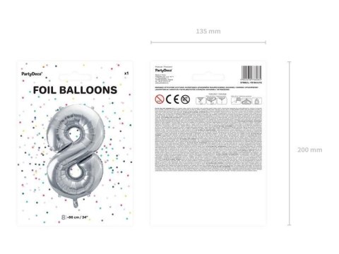 Balon foliowy Cyfra 8 srebrna, 86cm Partydeco Balon foliowy Cyfra 8 srebrna, 86cm Partydeco