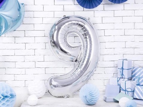 Balon foliowy Cyfra 9 srebrna, 86cm Partydeco Balon foliowy Cyfra 9 srebrna, 86cm Partydeco