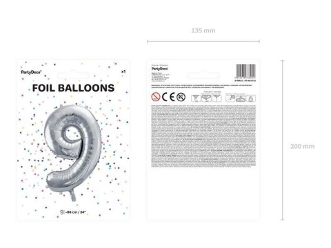 Balon foliowy Cyfra 9 srebrna, 86cm Partydeco Balon foliowy Cyfra 9 srebrna, 86cm Partydeco