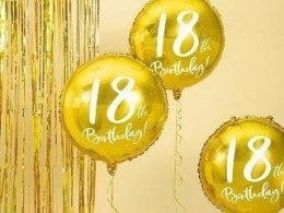 Balon foliowy, okrągły '18th Birthday' - Na 18 urodziny, złoty, 45 cm Partydeco