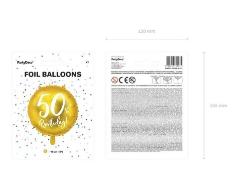 Balon foliowy urodzinowy 50th Birthday, złoty, 45cm Partydeco Balon foliowy urodzinowy 50th Birthday, złoty, 45cm Partydeco