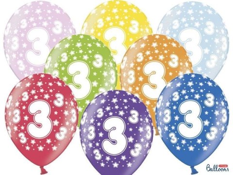 Balony lateksowe z nadrukiem '3' na urodziny, Metaliczne Mix, 30cm, 6 szt. Partydeco