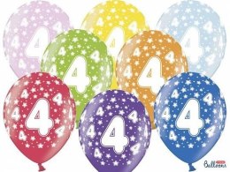 Balony lateksowe z nadrukiem '4' na urodziny, Metaliczne Mix, 30cm, 6 szt. Partydeco