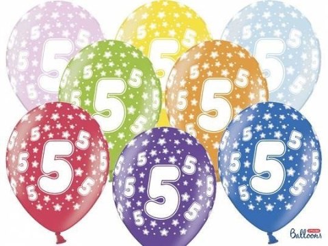 Balony lateksowe z nadrukiem '5' na urodziny, Metaliczne Mix, 30cm, 6 szt. Partydeco