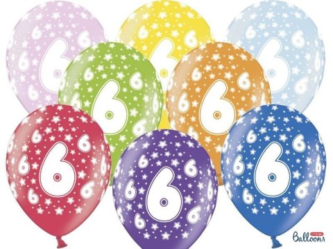 Balony lateksowe z nadrukiem '6' na urodziny, Metaliczne Mix, 30cm, 6 szt. Partydeco