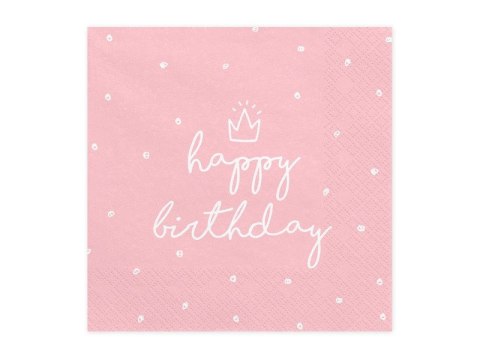 Serwetki różowe Happy Birthday, 33x33 cm (1 op. / 20 szt.) różowe Partydeco