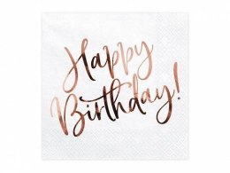 Serwetki urodzinowe, Happy Birthday, białe z napisem Rose Gold, 33 x 33 cm Partydeco