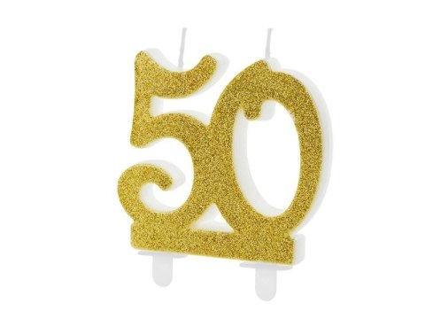 Świeczka urodzinowa '50', pięćdziesiątka, złota, 7.5 cm Partydeco