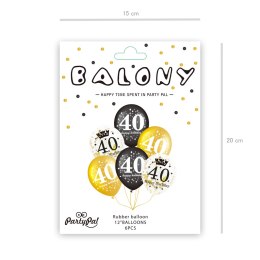 Zestaw balonów na 40 urodziny, czarno-złoty, 30cm, 6 szt. PartyPal