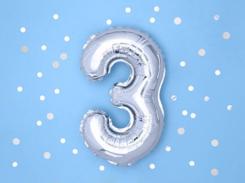 Balon foliowy Cyfra 3, 35cm, srebrny Partydeco Balon foliowy Cyfra 3, 35cm, srebrny Partydeco