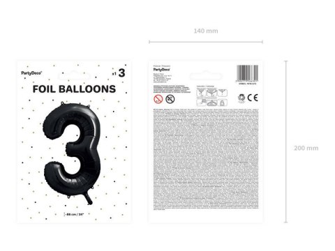 Balon foliowy Cyfra 3 czarna, 86cm Partydeco Balon foliowy Cyfra 3 czarna, 86cm Partydeco