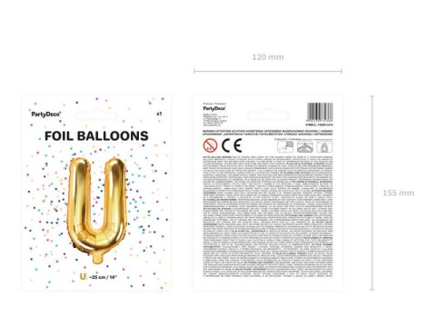 Balon foliowy Litera U 35cm, Złota Partydeco Balon foliowy Litera U 35cm, Złota Partydeco