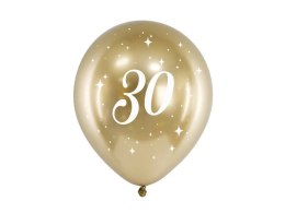 Balony Glossy 30 urodziny, Złoty chrom, 30cm, 6 szt. Partydeco