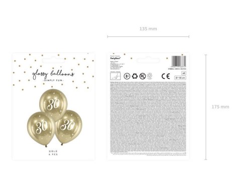 Balony Glossy 30 urodziny, Złoty chrom, 30cm, 6 szt. Partydeco Balony Glossy 30 urodziny, Złoty chrom, 30cm, 6 szt. Partydeco