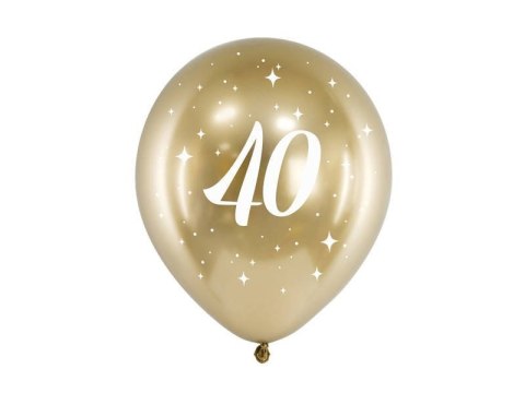 Balony Glossy 40 urodziny, Złoty chrom, 30cm, 6 szt. Partydeco