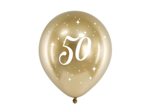 Balony Glossy 50 urodziny, Złoty chrom, 30cm, 6 szt. Partydeco