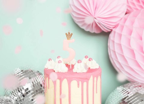 Świeczka urodzinowa Cyferka 5 z koroną, jasny róż Partydeco Świeczka urodzinowa Cyferka 5 z koroną, jasny róż Partydeco